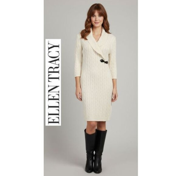 ELLEN TRACY - Classic ivory cable knit sweater dress with buckle detail - Picture 1 of 9